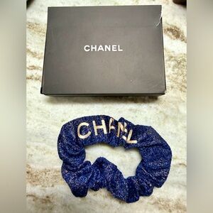 Chanel Beaute Classic Sparkling Blue & Gold Hair Scrunchie comes NEW in BOX. GWP